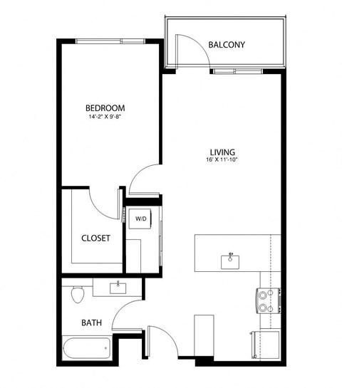 A black and white image of a floor plan for a bedroom, living room, closet, and bathroom.